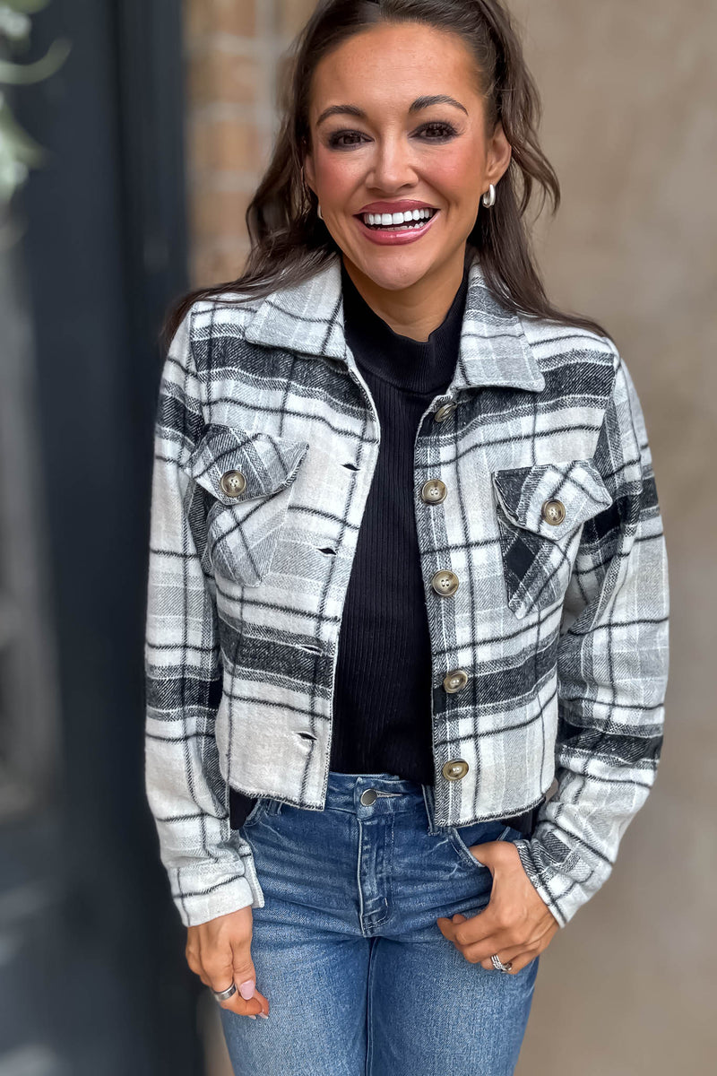 Flannel Plaid Cropped Shacket Button Down Jacket