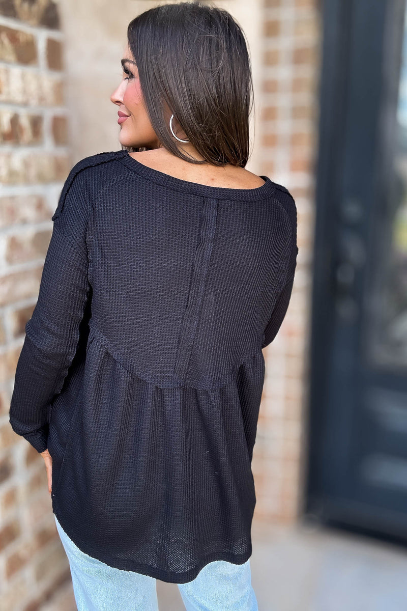 Mustard Seed Black Flare Waffle Knit Top