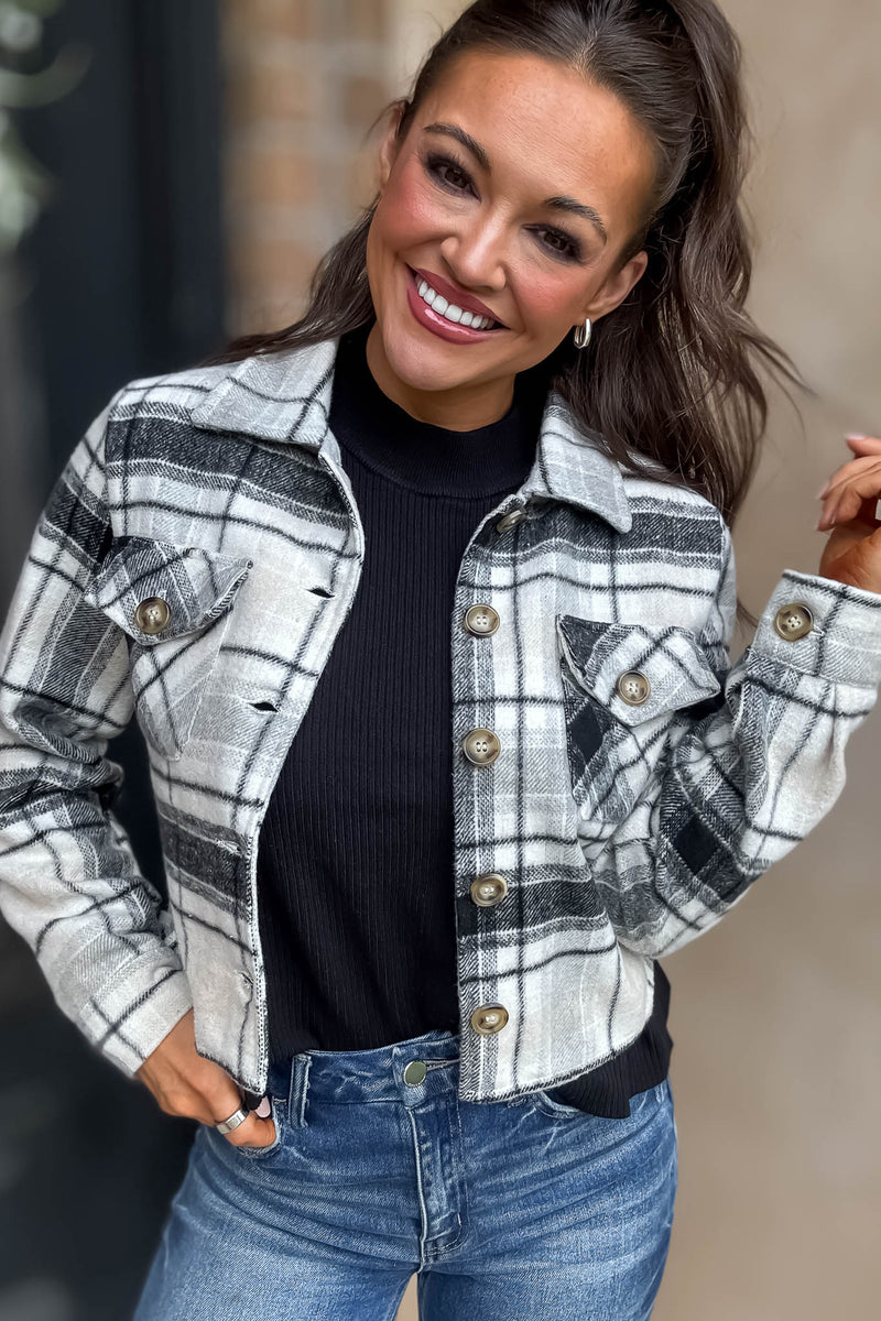 Flannel Plaid Cropped Shacket Button Down Jacket