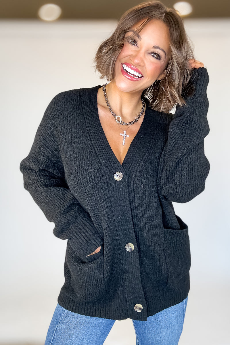 Black Oversized Sweater Cardigan With Front Pockets
