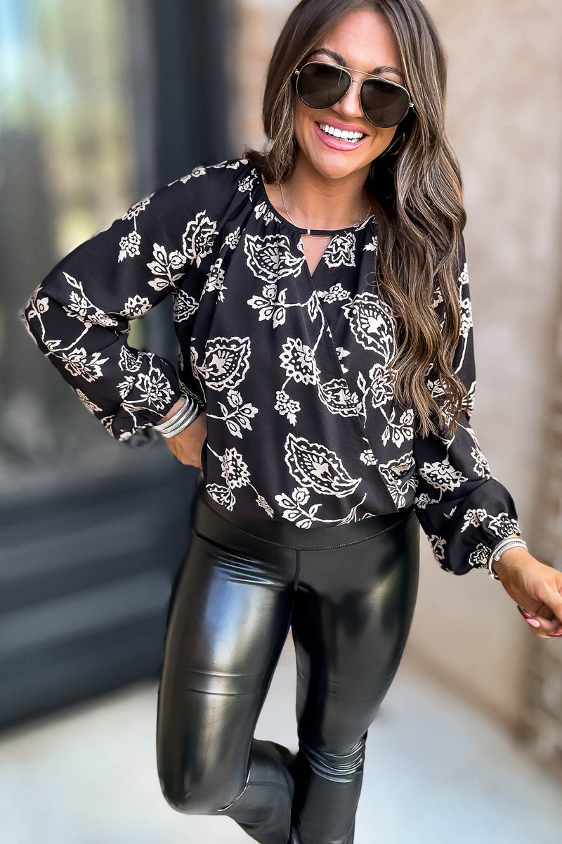Black And Ivory Print Surplice Top