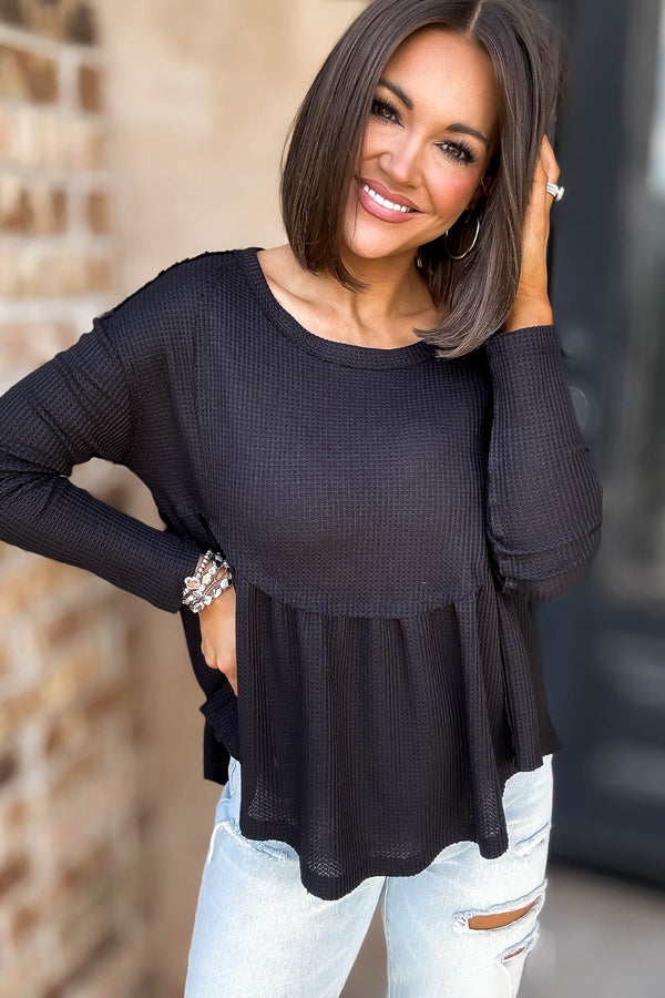 Mustard Seed Black Flare Waffle Knit Top
