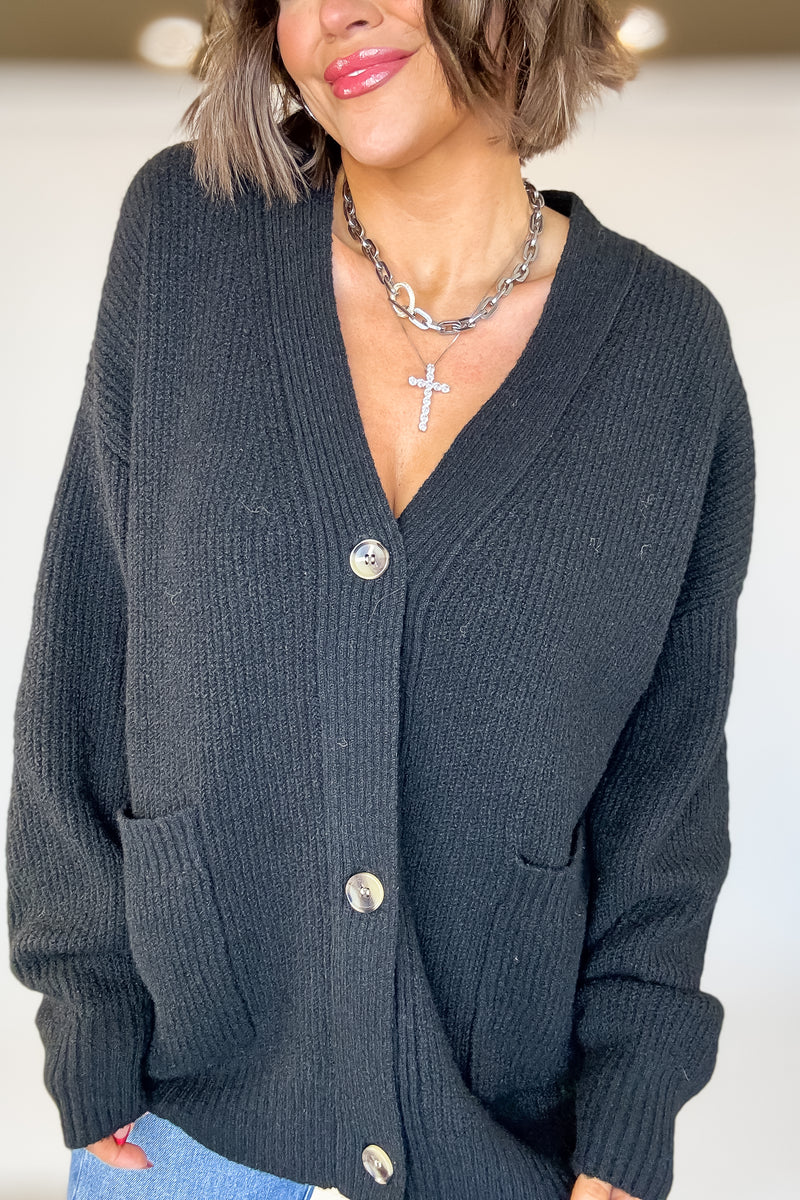 Black Oversized Sweater Cardigan With Front Pockets