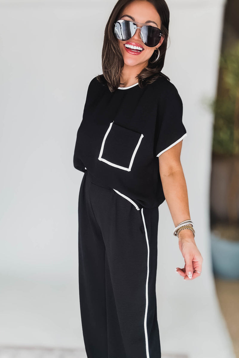 Black And White Contrast Front Pocket Airflow Top