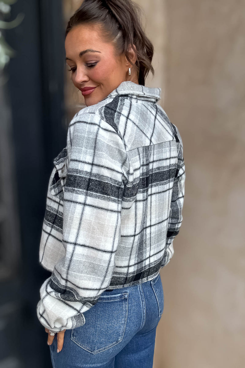 Flannel Plaid Cropped Shacket Button Down Jacket