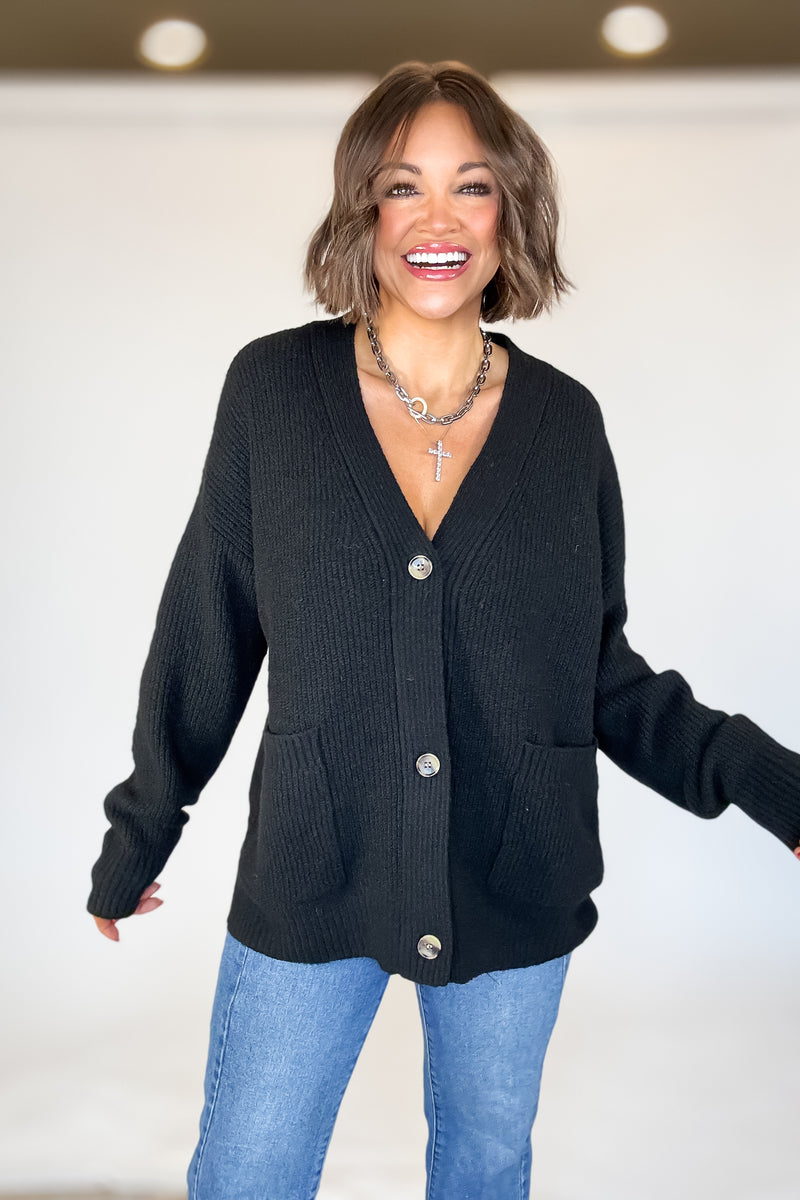 Black Oversized Sweater Cardigan With Front Pockets