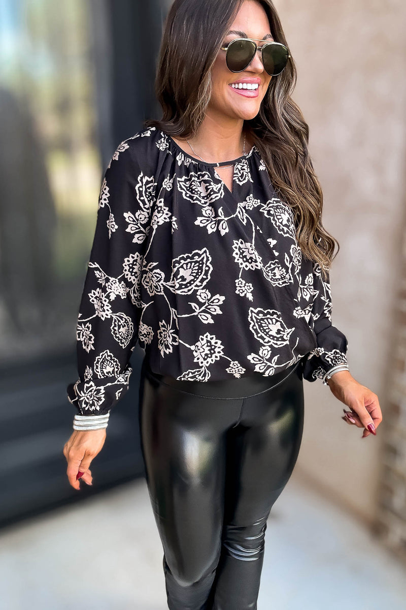 Black And Ivory Print Surplice Top
