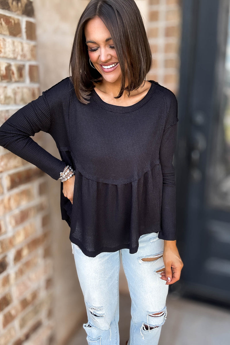 Mustard Seed Black Flare Waffle Knit Top