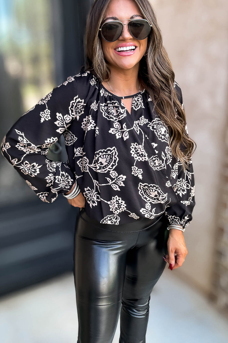 Black And Ivory Print Surplice Top