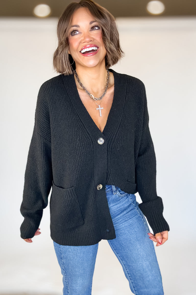 Black Oversized Sweater Cardigan With Front Pockets