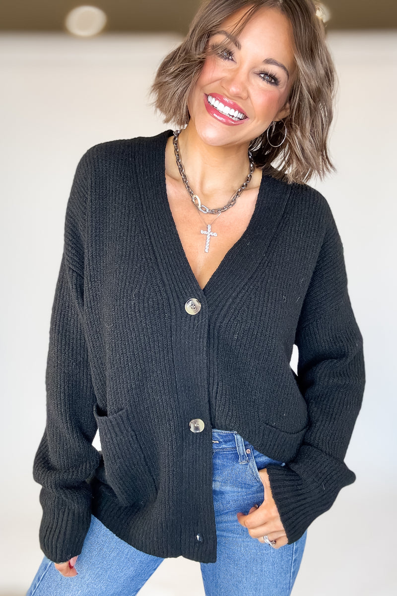 Black Oversized Sweater Cardigan With Front Pockets