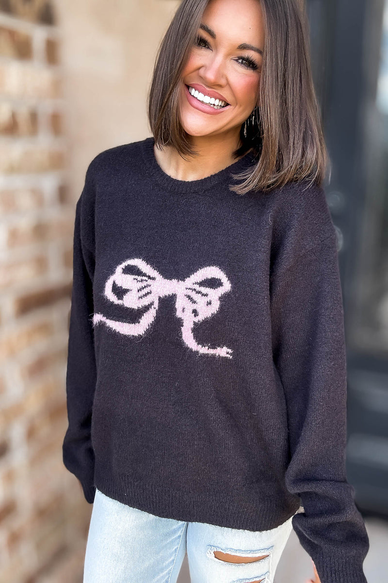 Eesome Black Bow Printed Long Sleeve Sweater Top