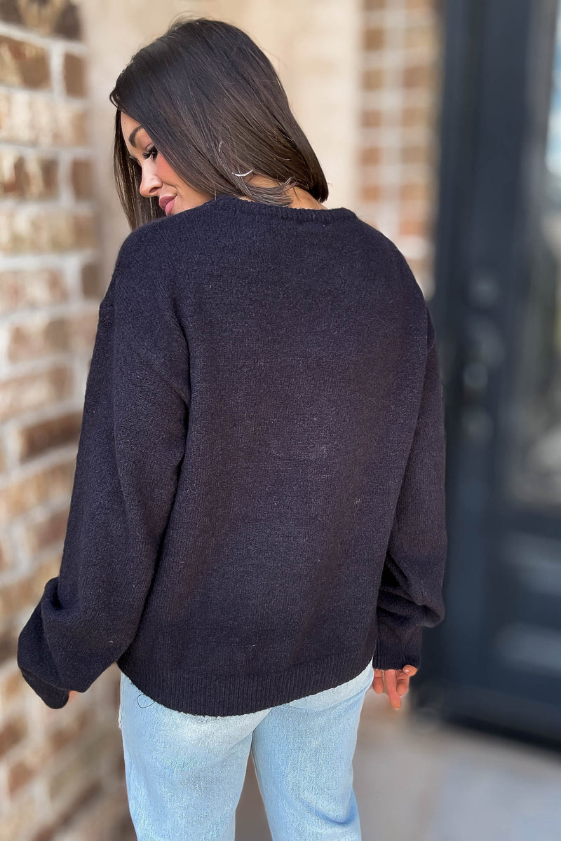 Eesome Black Bow Printed Long Sleeve Sweater Top