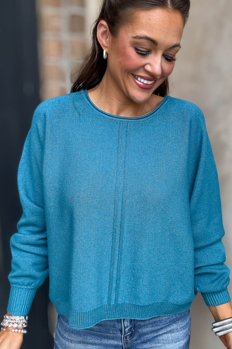 Right On Schedule Ocean Teal Viscose Front Seam Round-neck Sweater