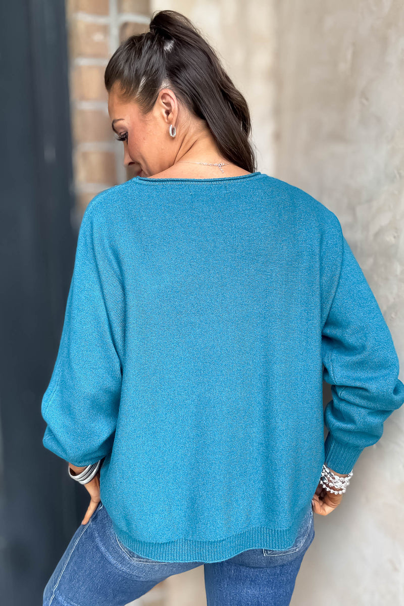 Right On Schedule Ocean Teal Viscose Front Seam Round-neck Sweater