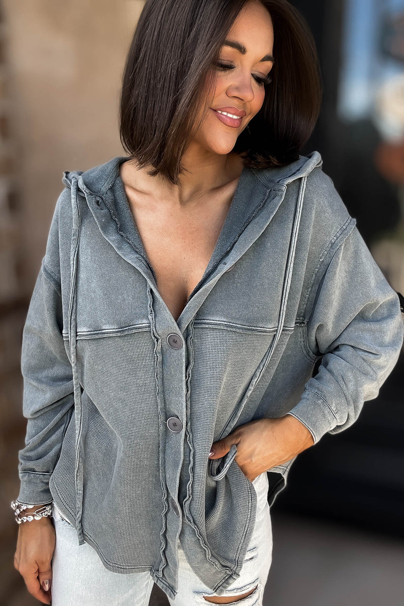 Mustard Seed Washed Grey Button Hoody Top