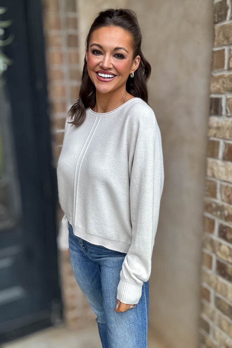 Right On Schedule Sand Beige Viscose Front Seam Round-neck Sweater