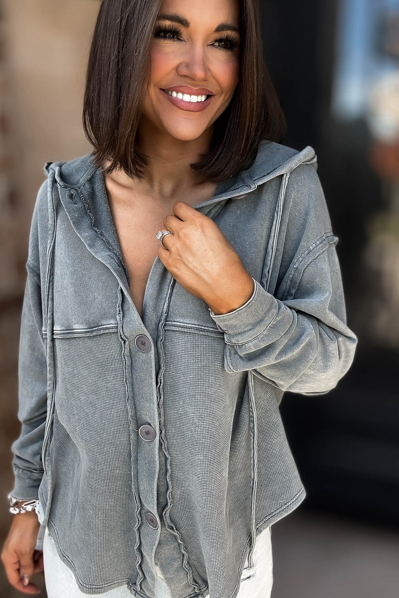 Mustard Seed Washed Grey Button Hoody Top