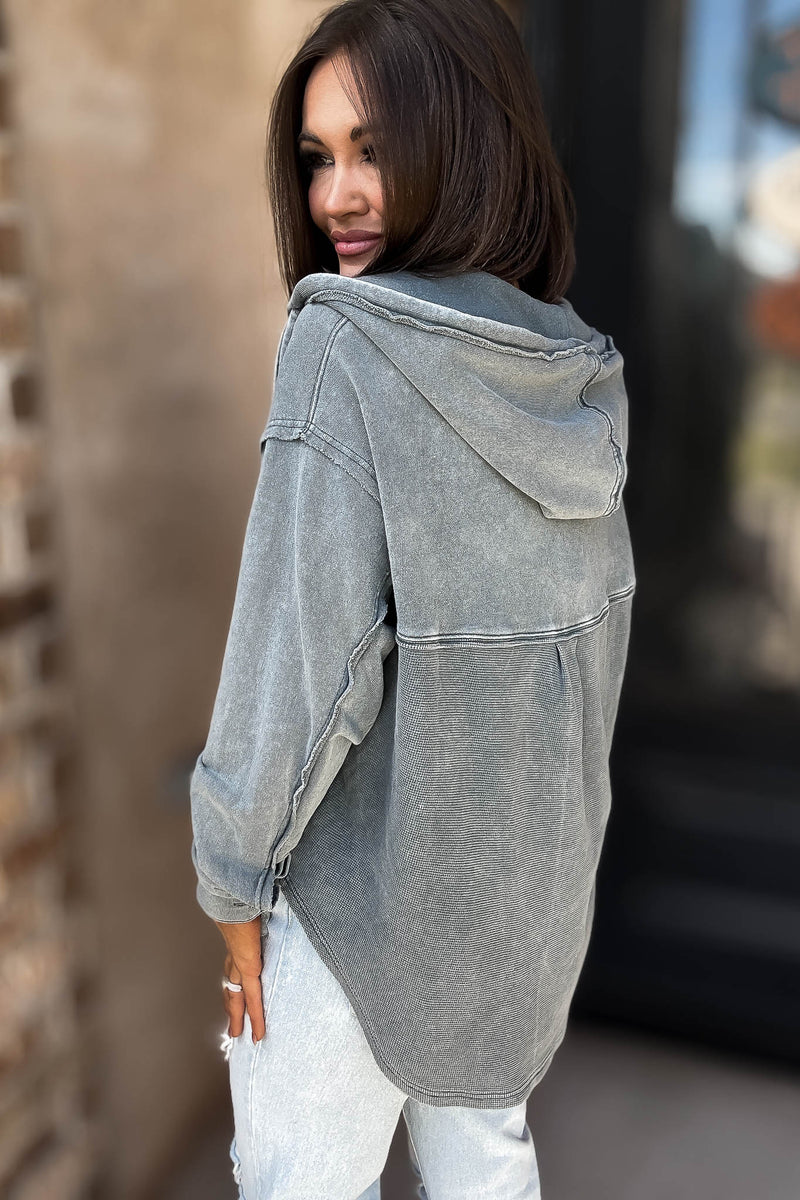 Mustard Seed Washed Grey Button Hoody Top