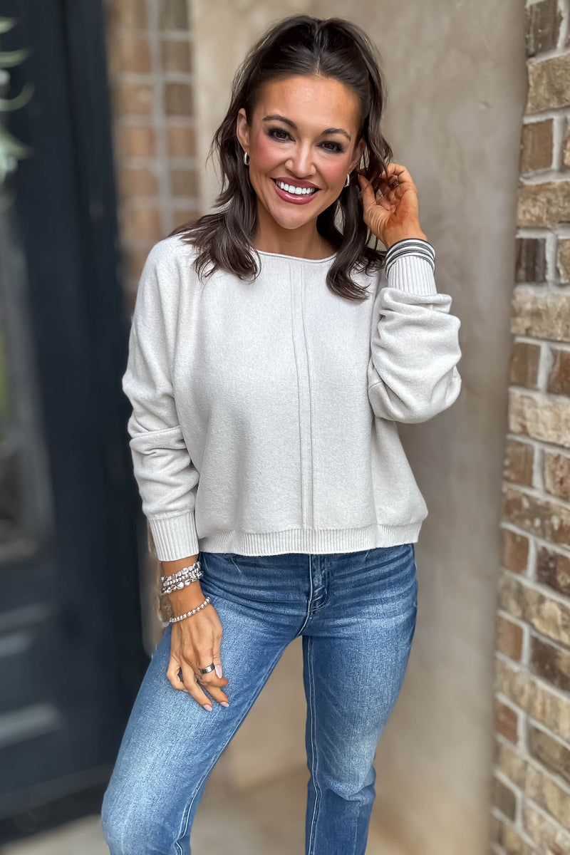 Right On Schedule Sand Beige Viscose Front Seam Round-neck Sweater