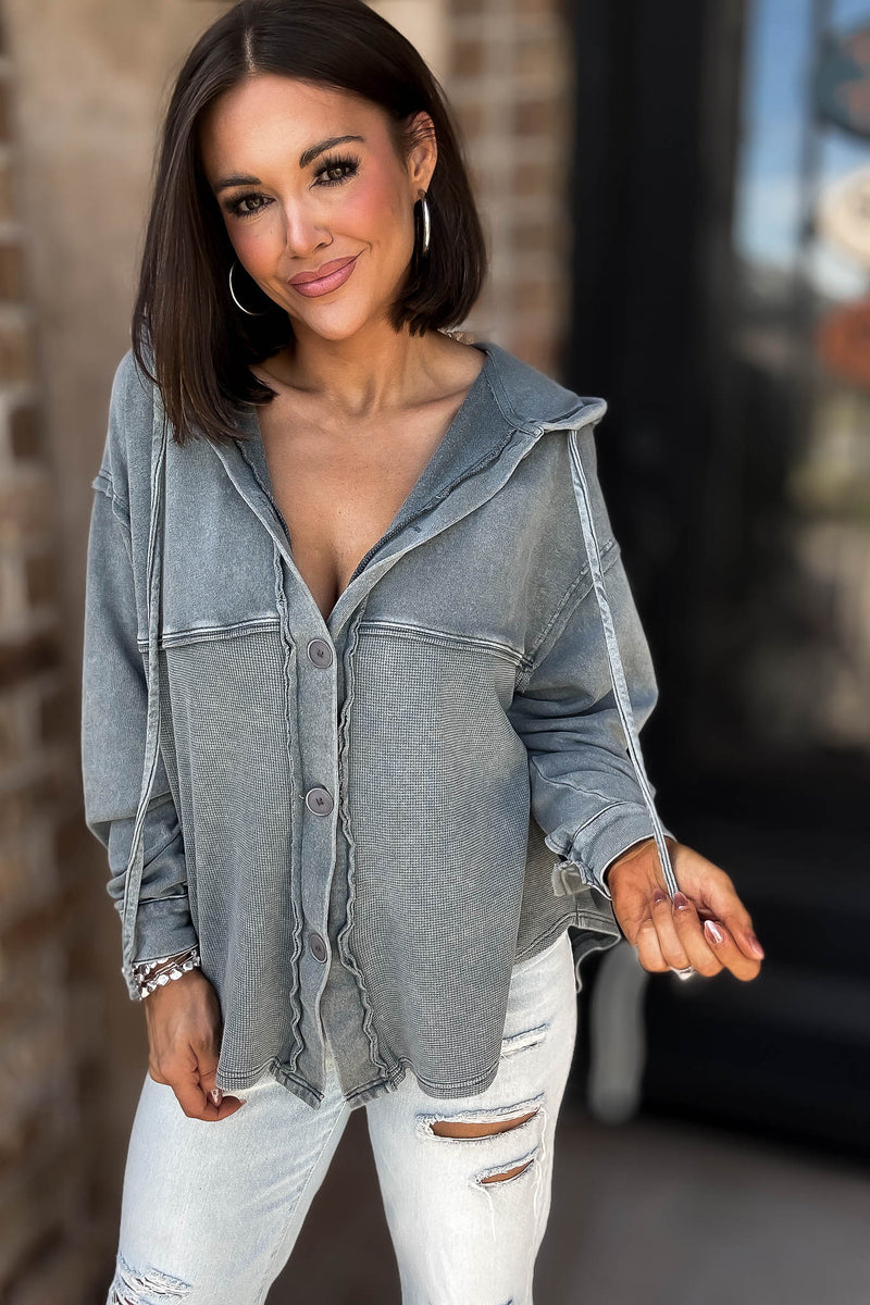 Mustard Seed Washed Grey Button Hoody Top
