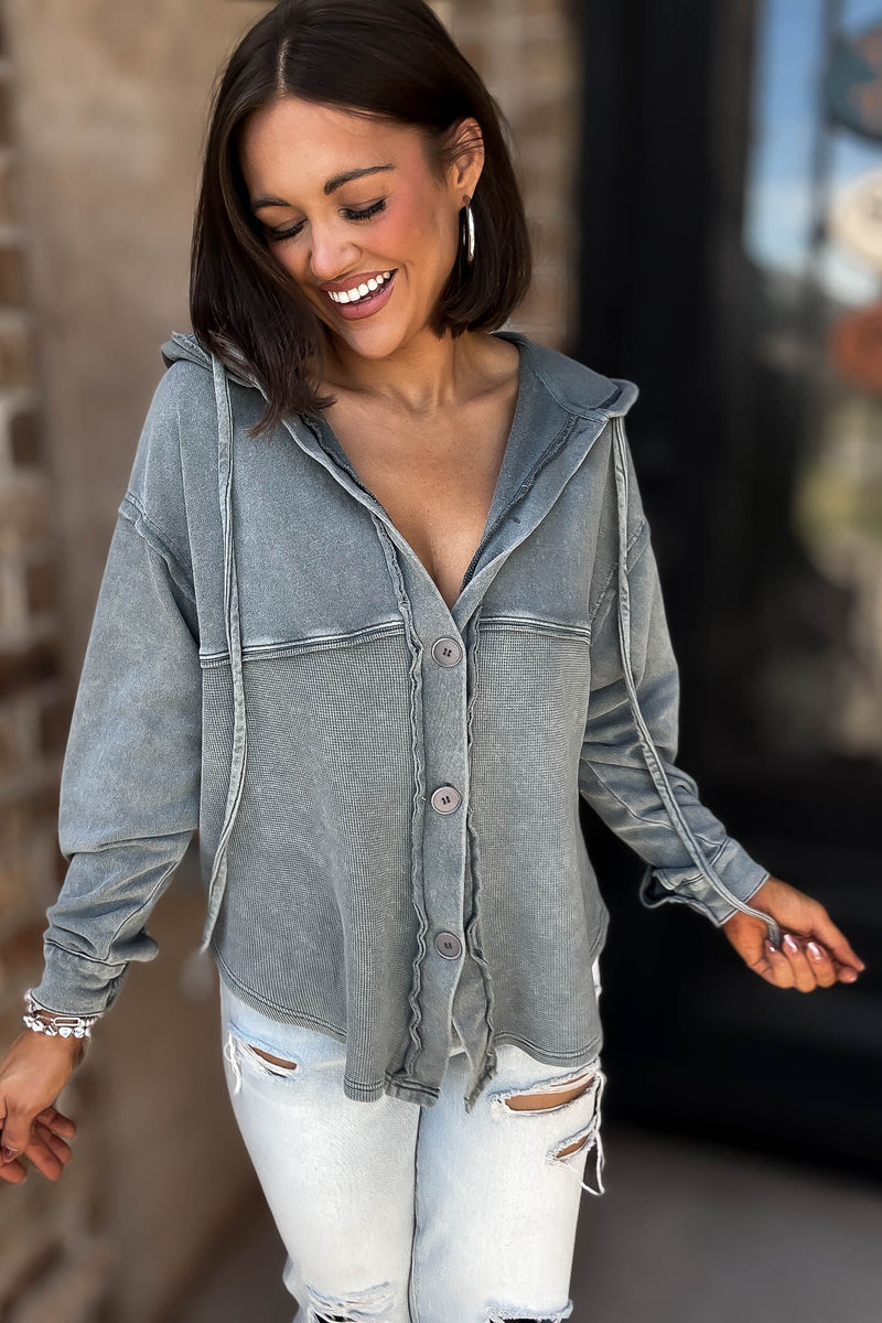 Mustard Seed Washed Grey Button Hoody Top