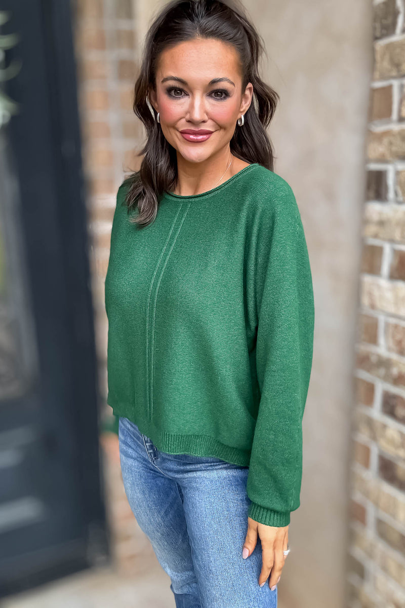 Right On Schedule Dark Green Viscose Front Seam Round-neck Sweater