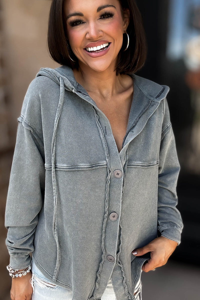 Mustard Seed Washed Grey Button Hoody Top