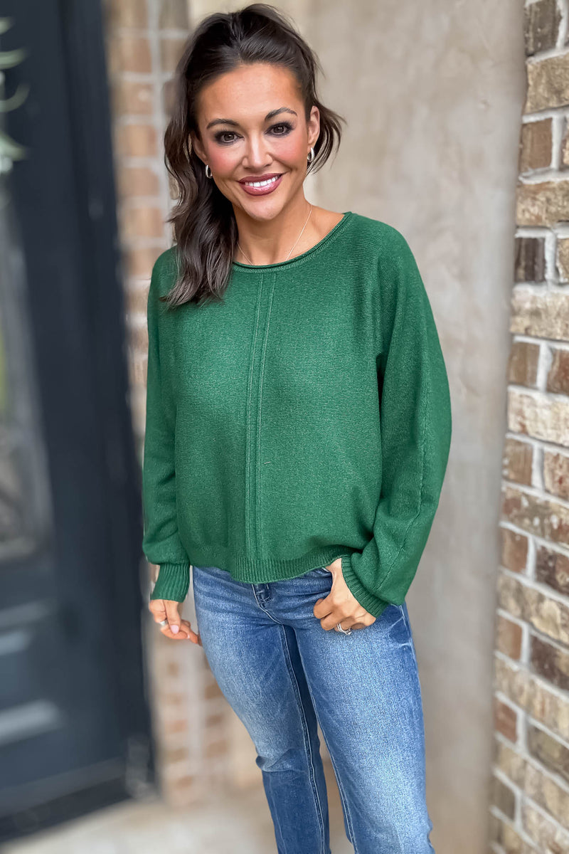 Right On Schedule Dark Green Viscose Front Seam Round-neck Sweater