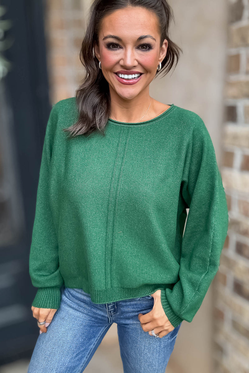 Right On Schedule Dark Green Viscose Front Seam Round-neck Sweater