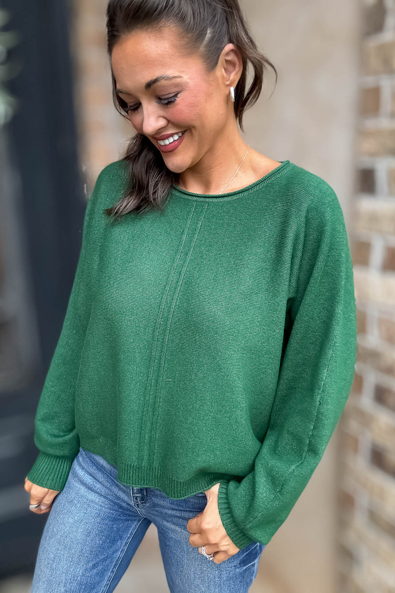 Right On Schedule Dark Green Viscose Front Seam Round-neck Sweater