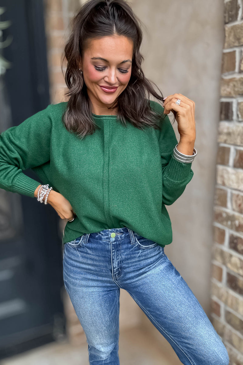 Right On Schedule Dark Green Viscose Front Seam Round-neck Sweater