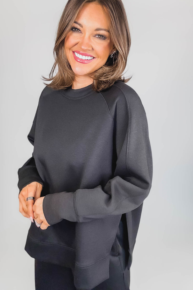 Black Scuba Round Neck Pullover Top