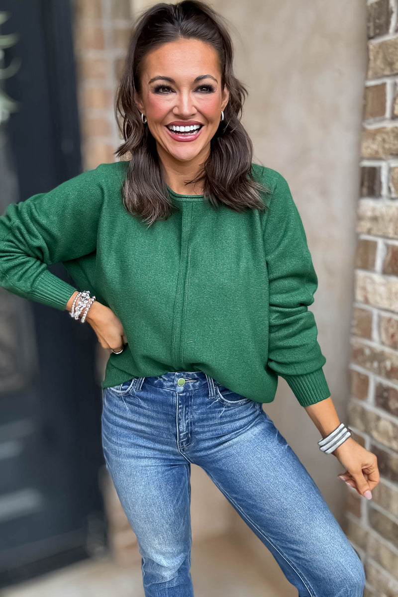Right On Schedule Dark Green Viscose Front Seam Round-neck Sweater