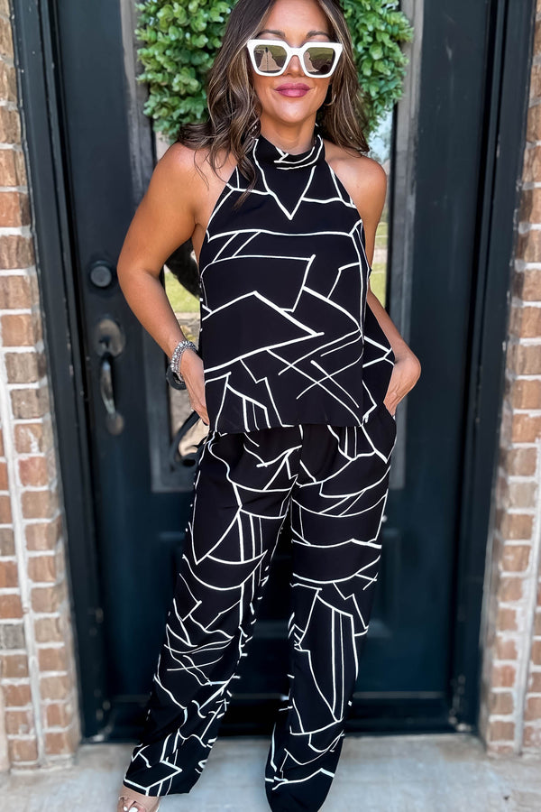 Geometric Print Black Halter Top