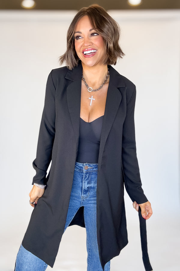 Black Front Tie Long Jacket