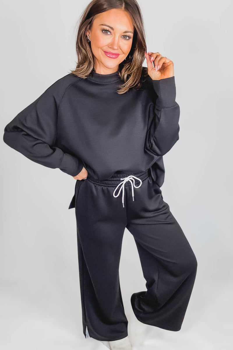 Black Scuba Round Neck Pullover Top