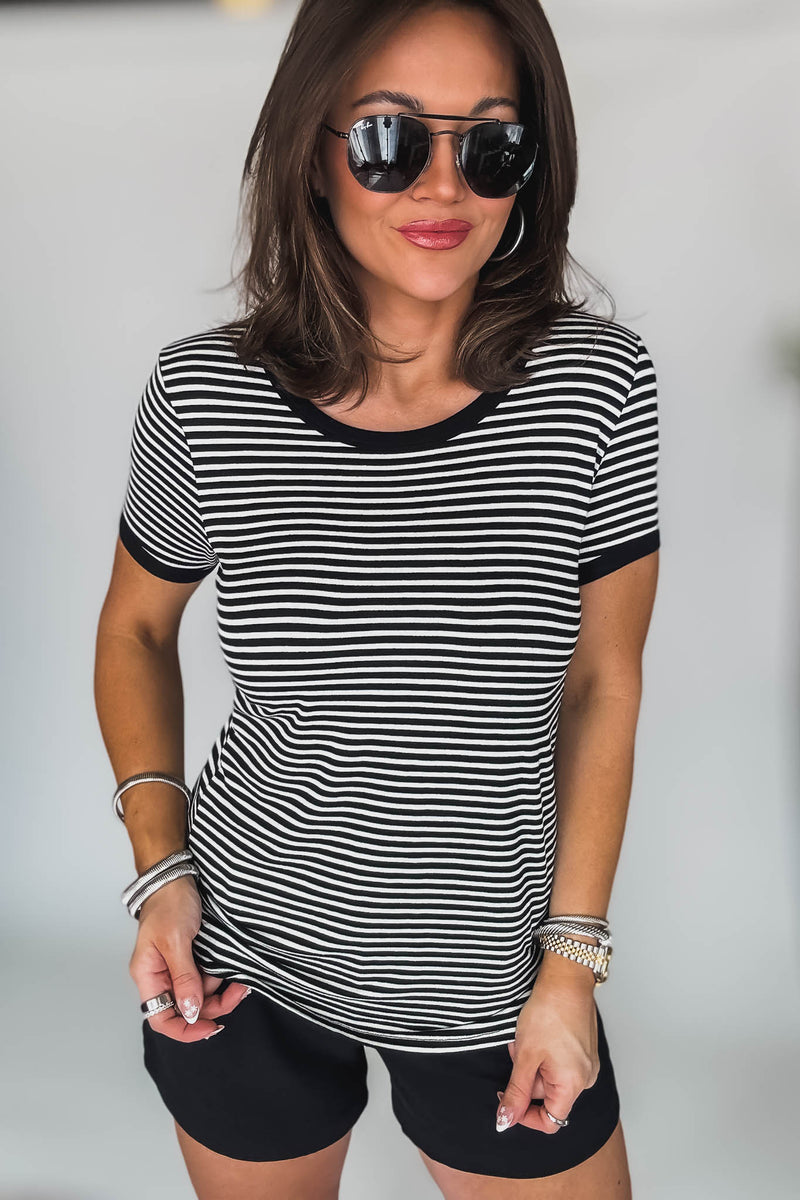 Contrast Detail Stripe Short Sleeve Top