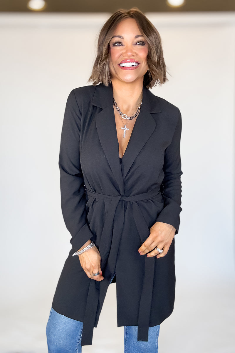 Black Front Tie Long Jacket
