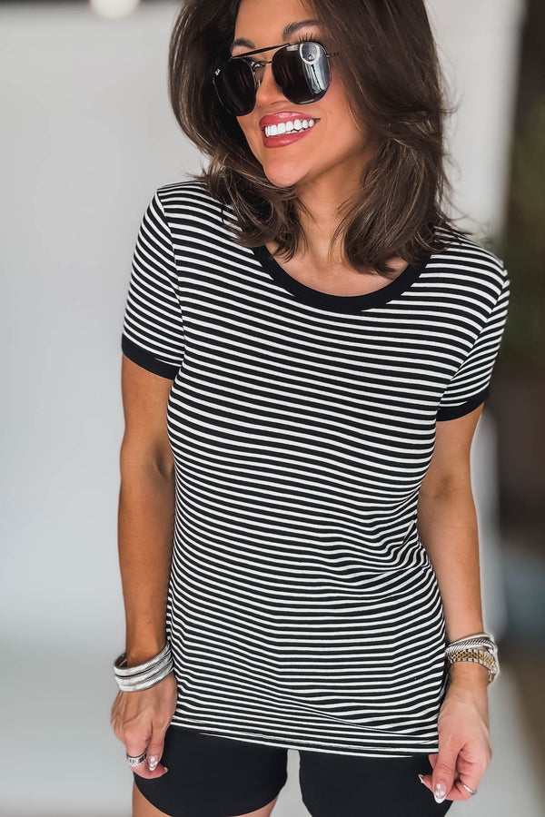 Contrast Detail Stripe Short Sleeve Top