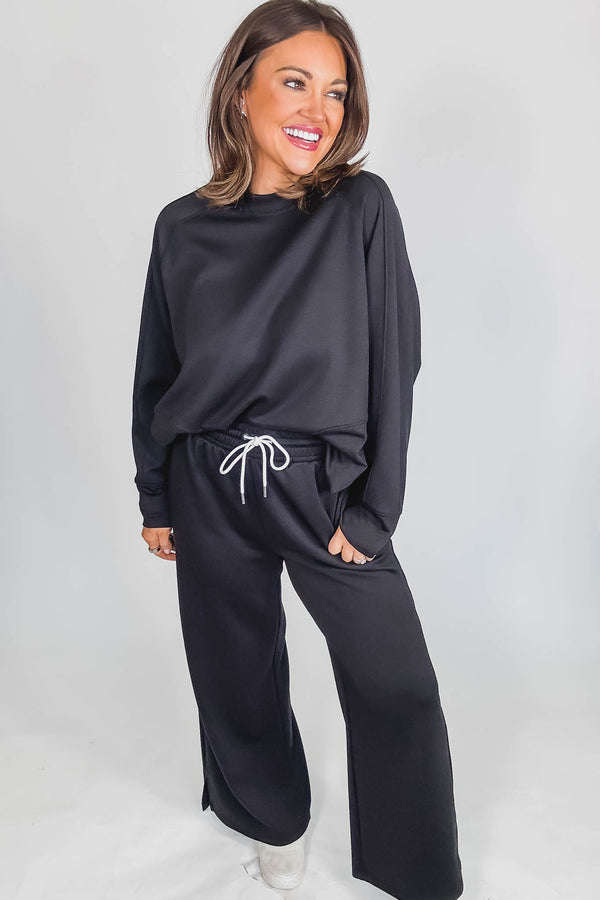 Black Scuba Round Neck Pullover Top