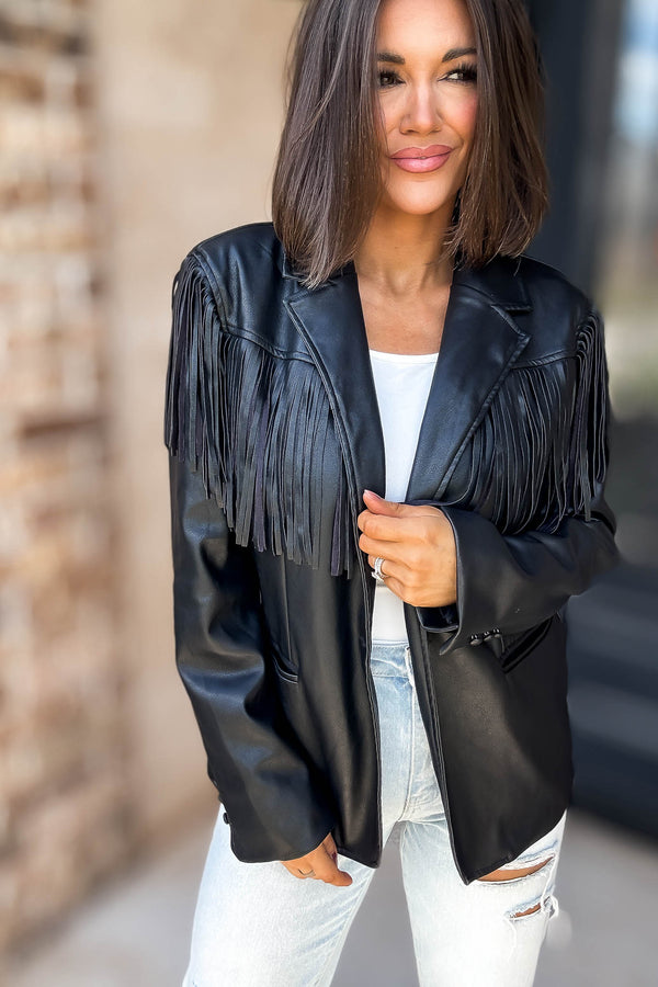 Eesome Black Fringe Solid Vegan Jacket
