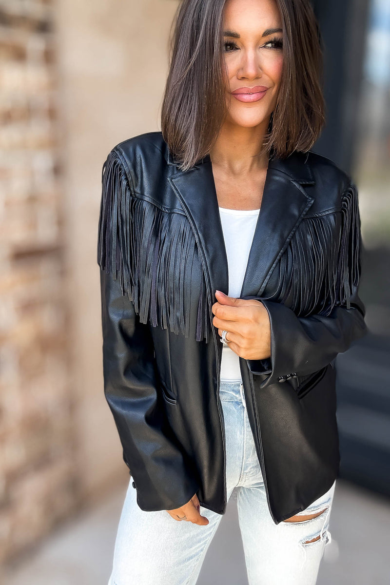 Eesome Black Fringe Solid Vegan Jacket