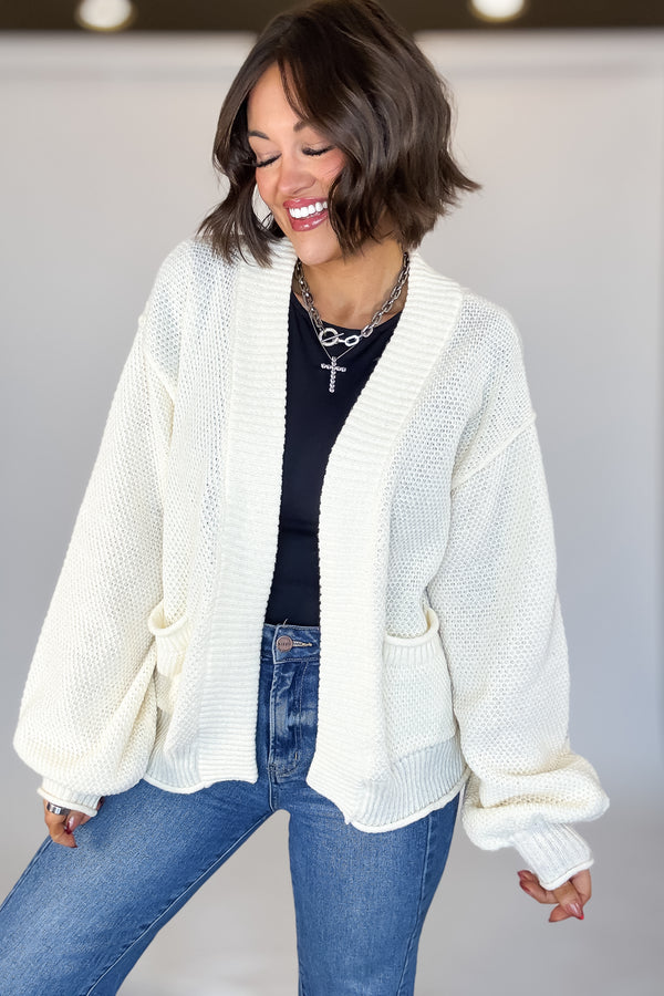 Cream Oversized Textued Knit Cardigan Sweater