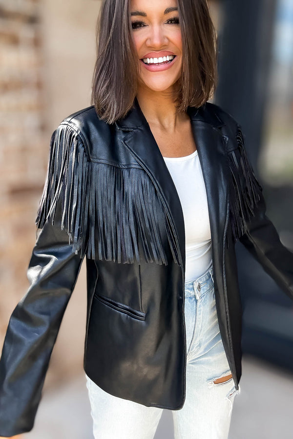 Eesome Black Fringe Solid Vegan Jacket