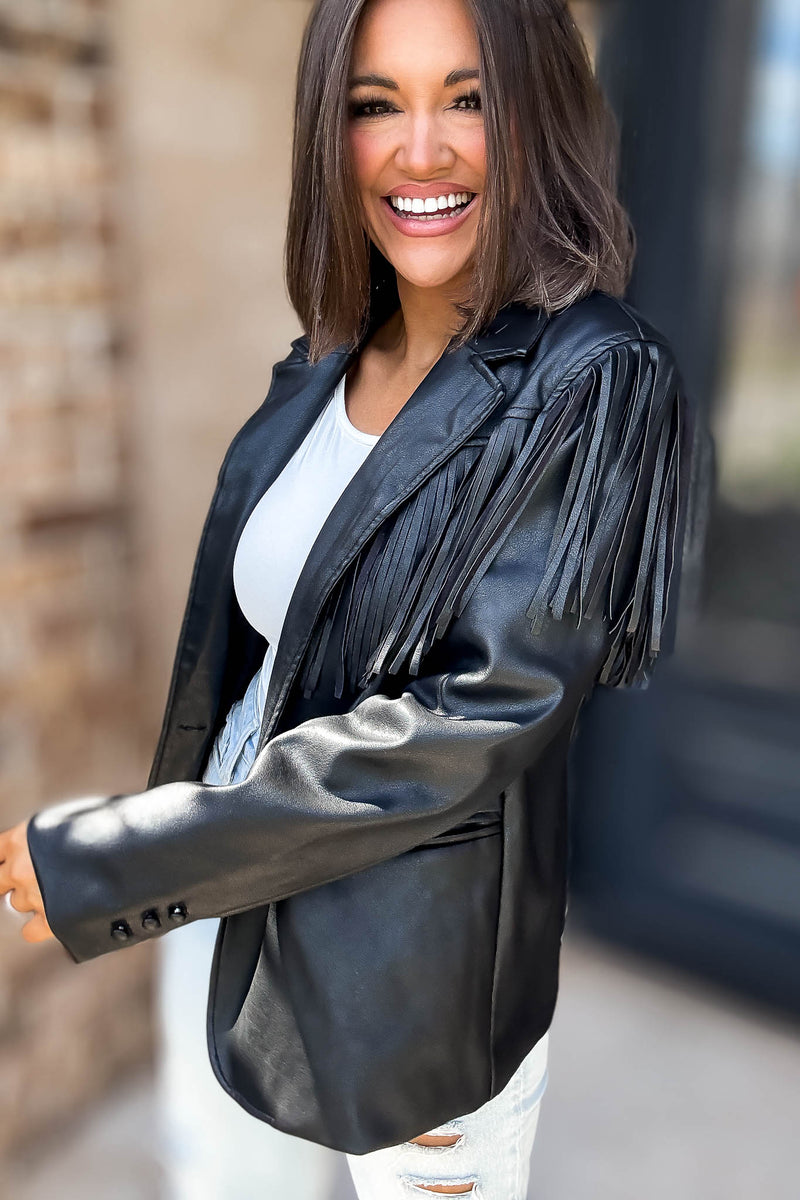 Eesome Black Fringe Solid Vegan Jacket