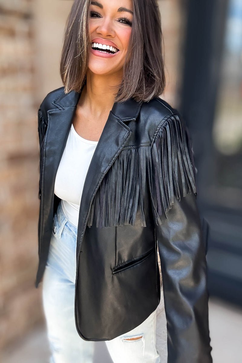 Eesome Black Fringe Solid Vegan Jacket