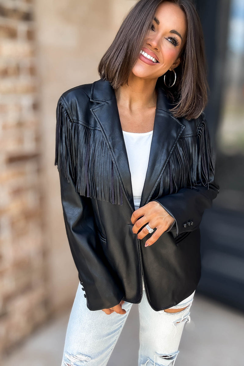 Eesome Black Fringe Solid Vegan Jacket