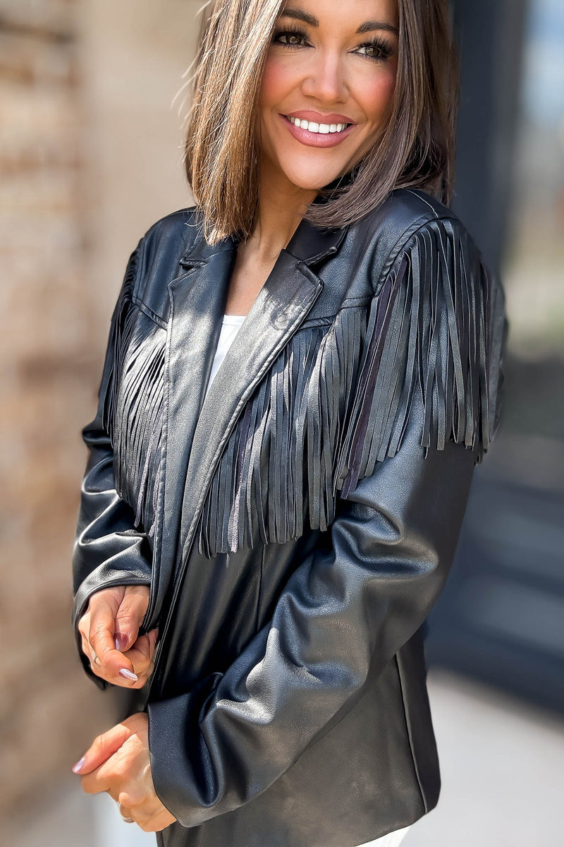 Eesome Black Fringe Solid Vegan Jacket