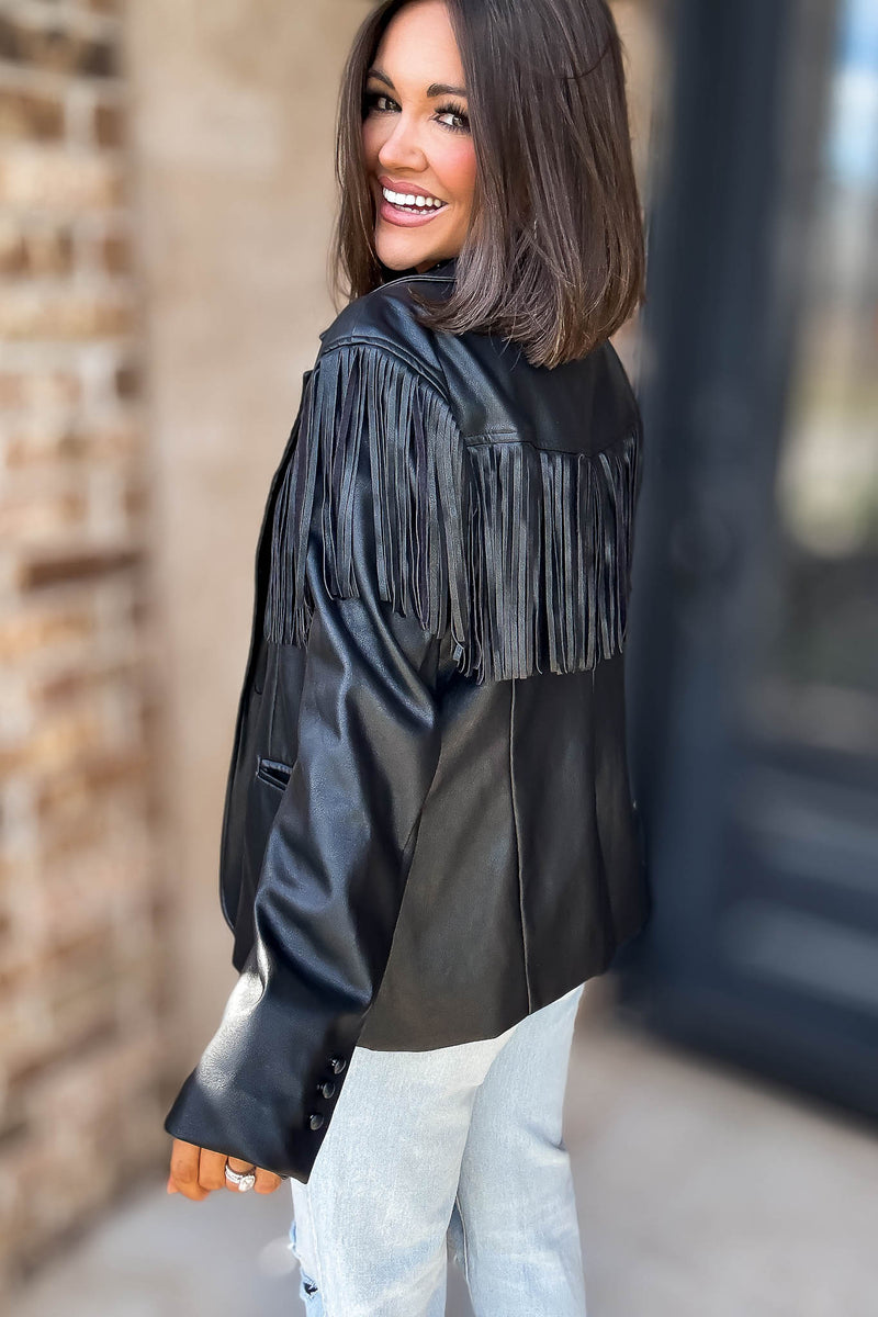 Eesome Black Fringe Solid Vegan Jacket